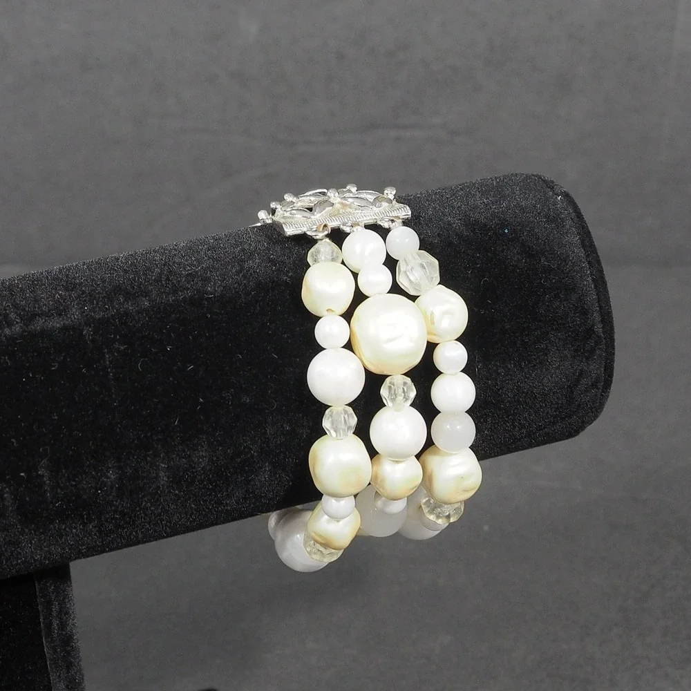 Vintage Coro Triple Strand Faux Baroque Pearl Bead Bracelet Silver Tone MCM